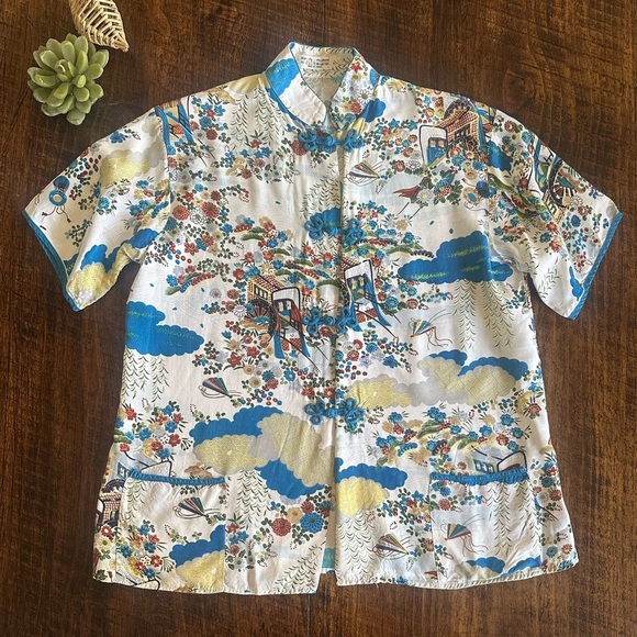 Vintage Japanese Print Top with Mandarin Collar and Frog Closures, Size M - Picture 1 of 11